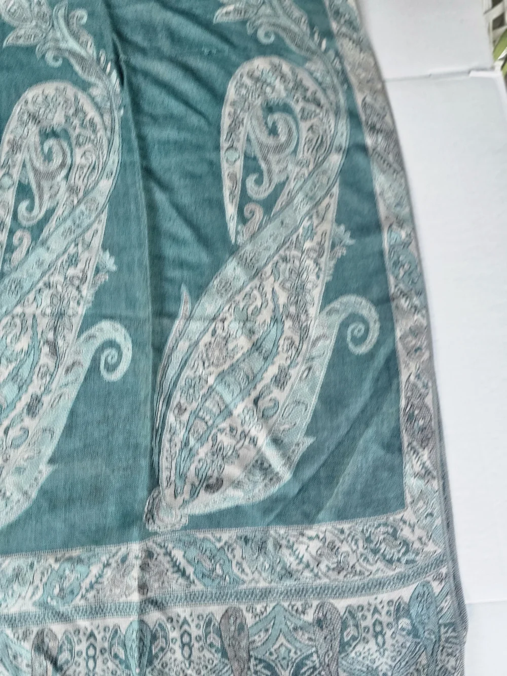 Teal Ivory Paisley Woven Fringe Rectangle Scarf Wrap Women Polyester Acrylic